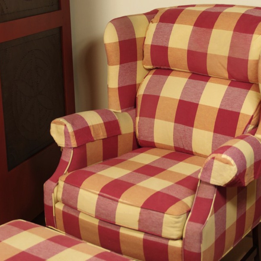 Furniture Cream Check Armchair Wing Back Chair And Ottoman, With