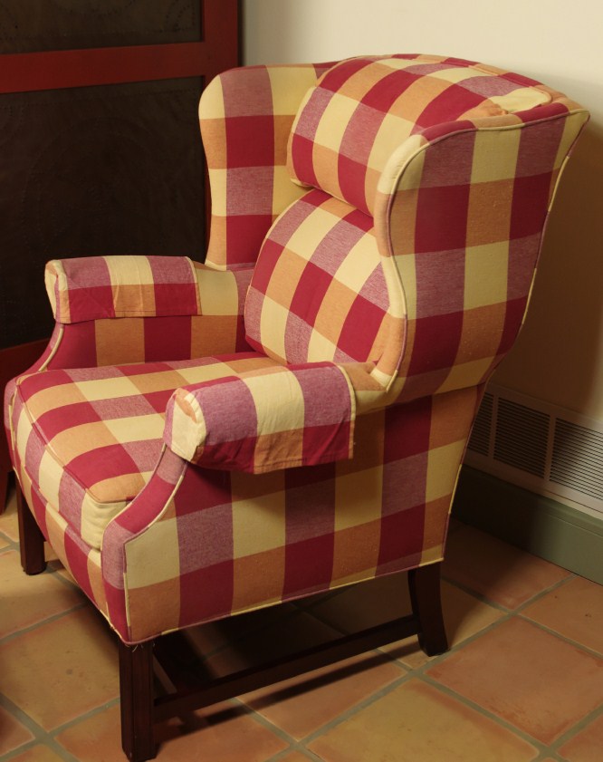 Wing Back Chair and Ottoman, with Red and Cream Plaid Upholstery