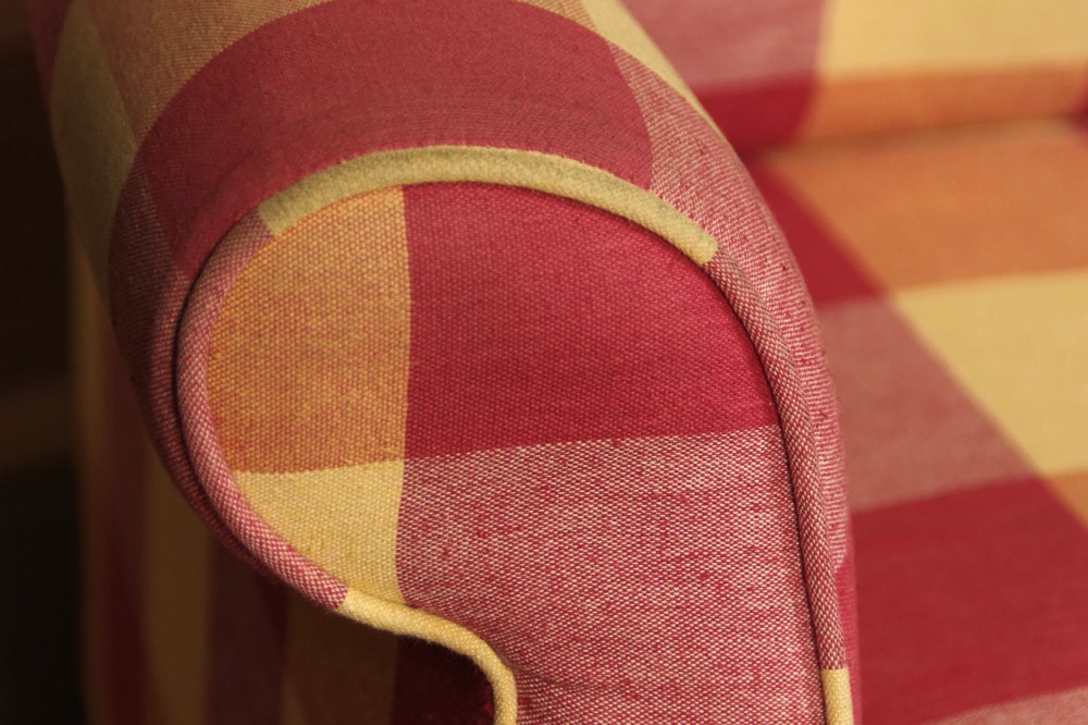 Wing Back Chair and Ottoman, with Red and Cream Plaid Upholstery