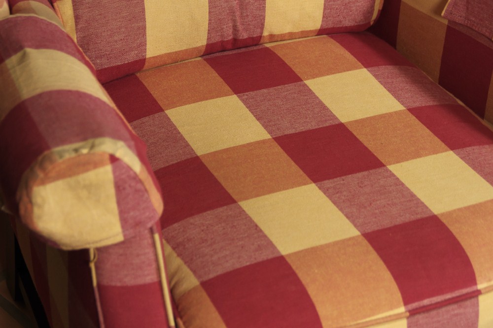 Wing Back Chair and Ottoman, with Red and Cream Plaid Upholstery