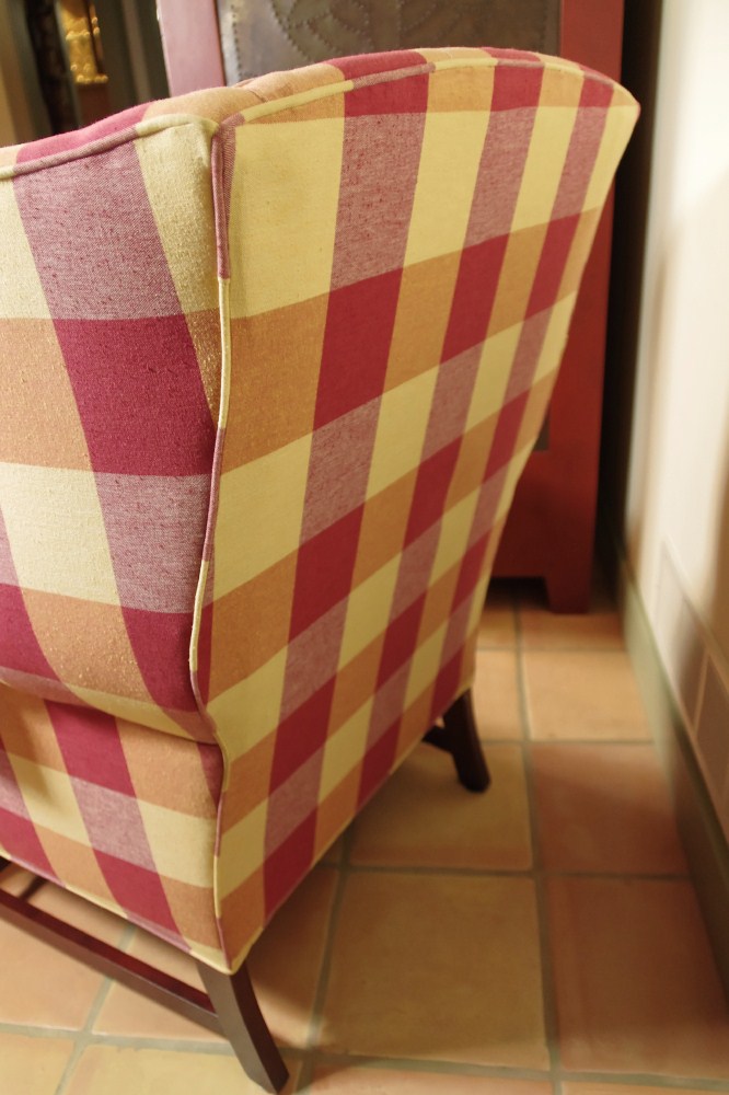 Wing Back Chair and Ottoman, with Red and Cream Plaid Upholstery