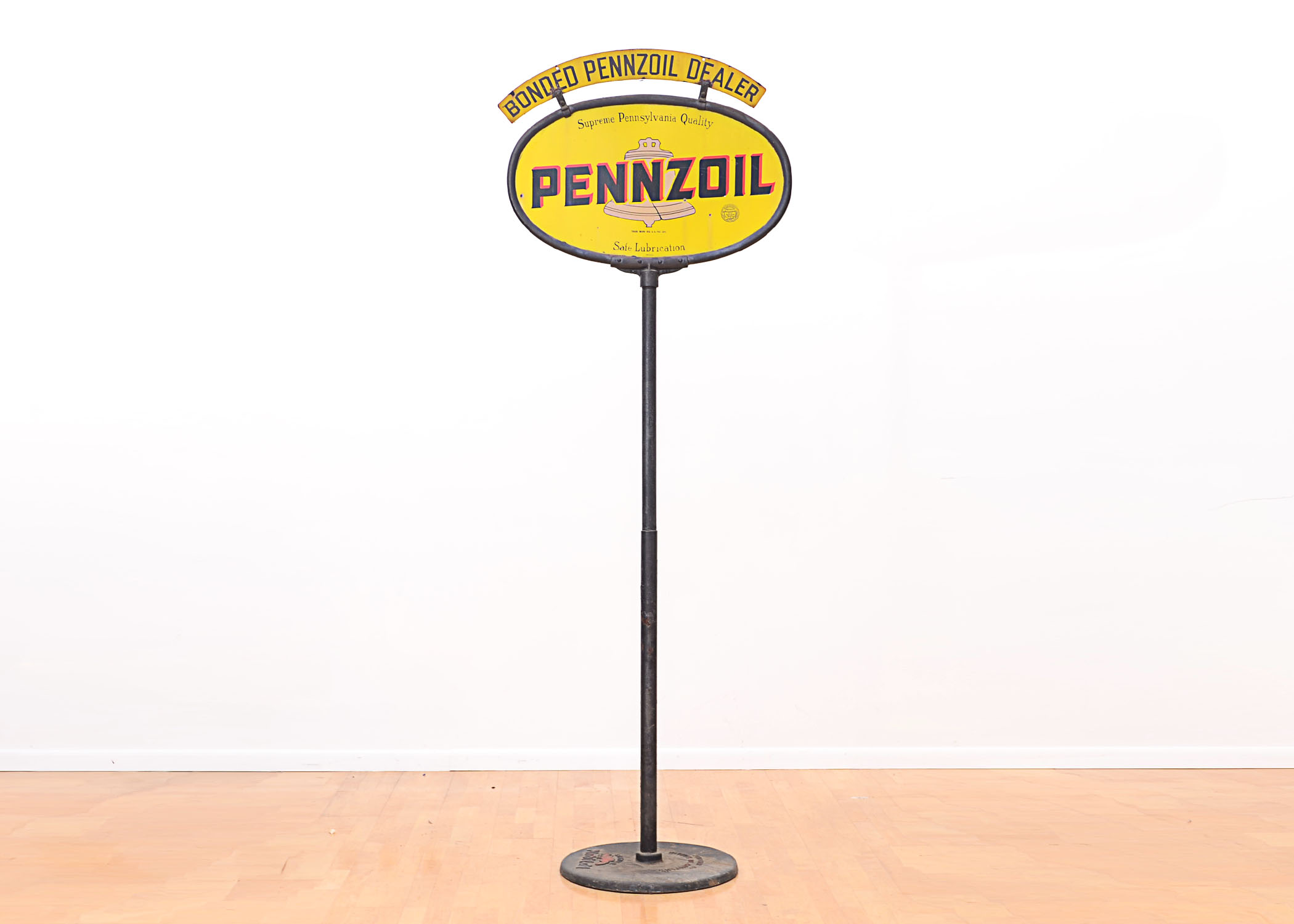 Rare & Enormous Vintage Pennzoil "Tan Bell" Curb Sign on Post