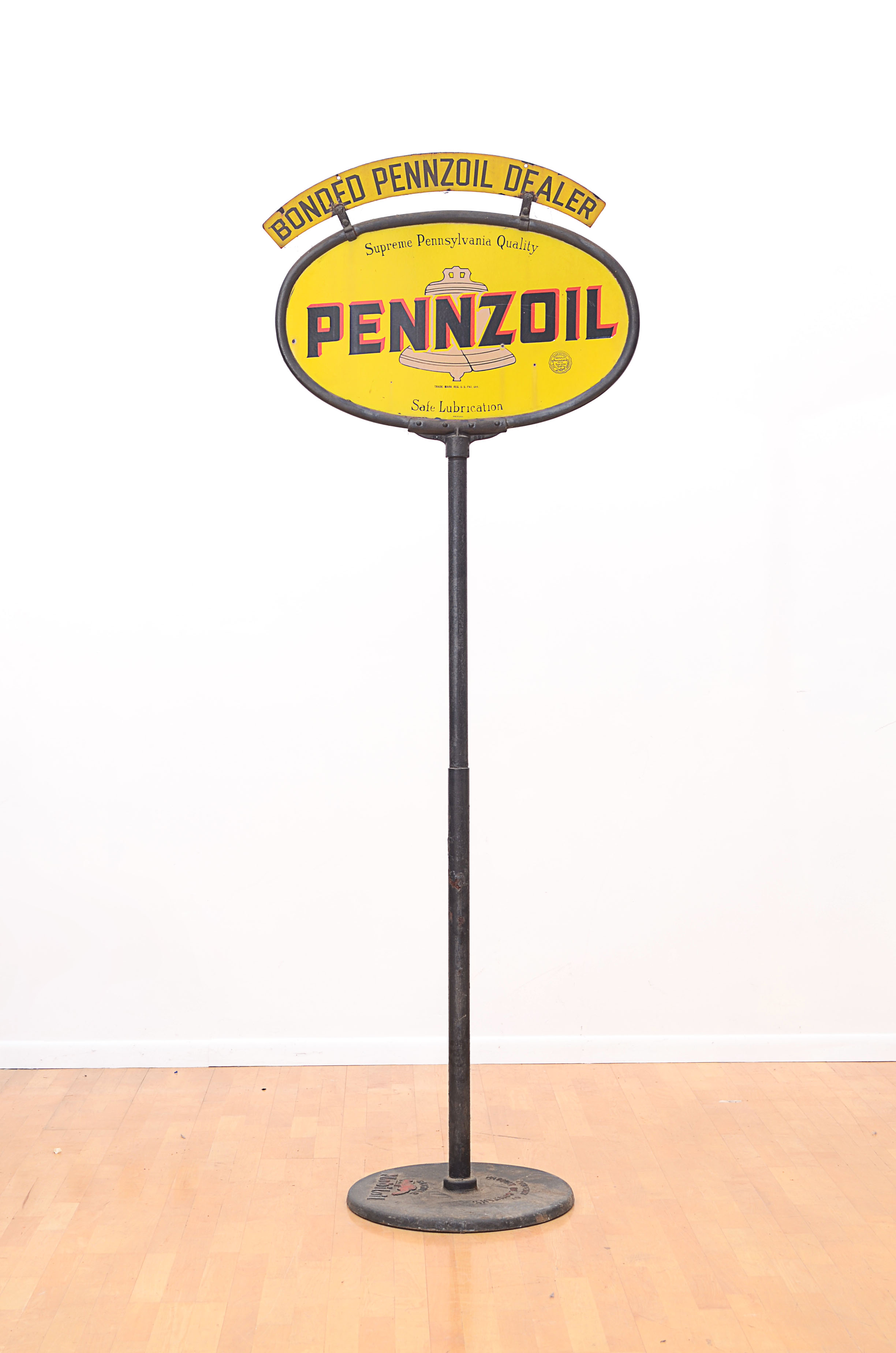 Rare & Enormous Vintage Pennzoil "Tan Bell" Curb Sign on Post