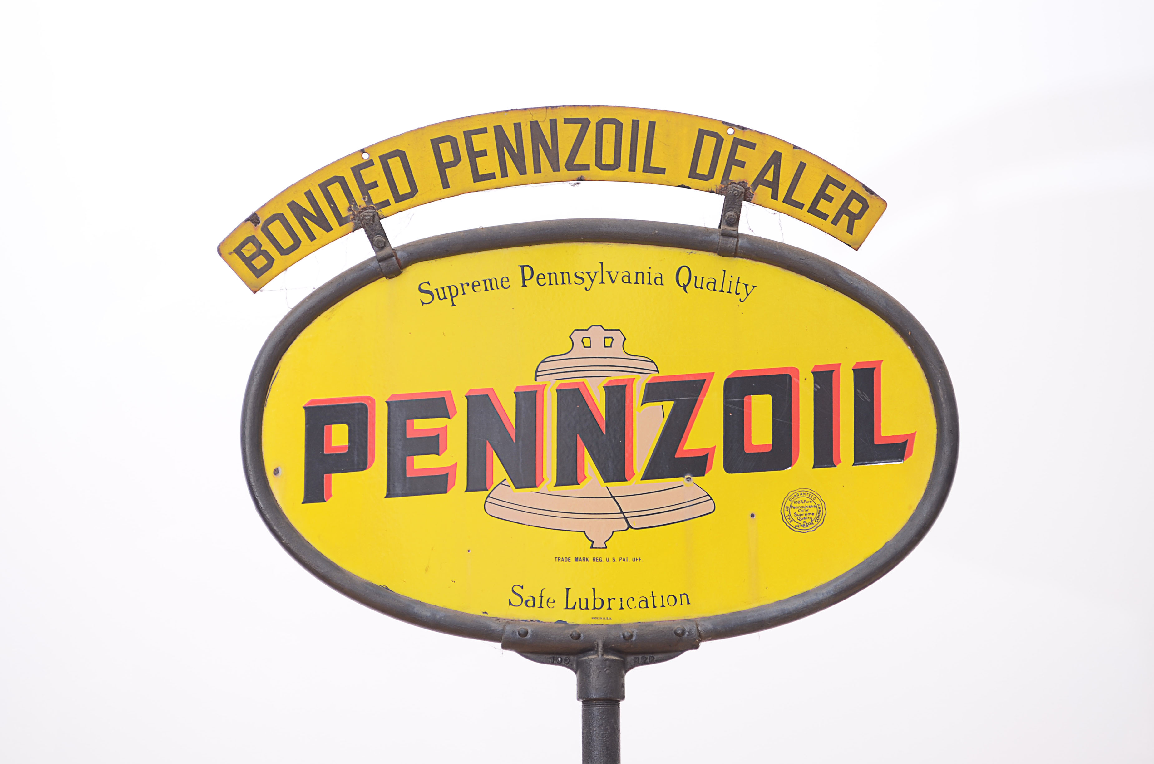 Rare & Enormous Vintage Pennzoil "Tan Bell" Curb Sign on Post
