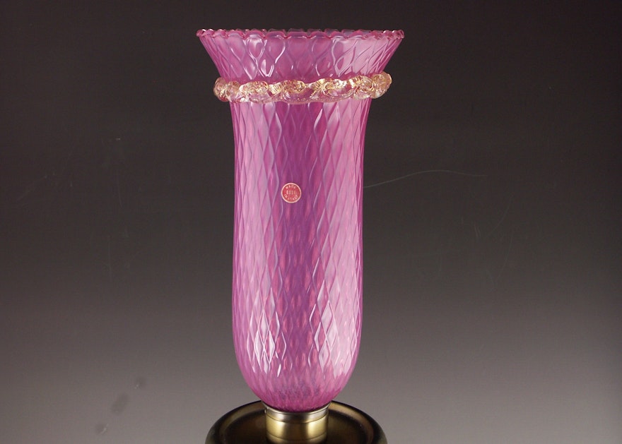 Opalescent Pink Art Glass Vase and Brass Stand