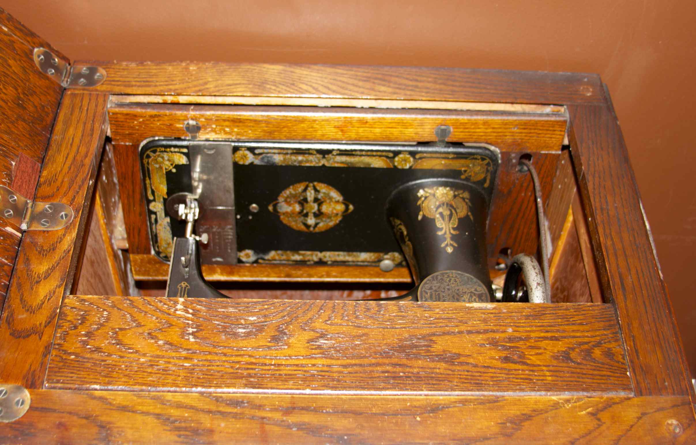 Antique Franklin Treadle Sewing Machine In Oak Cabinet