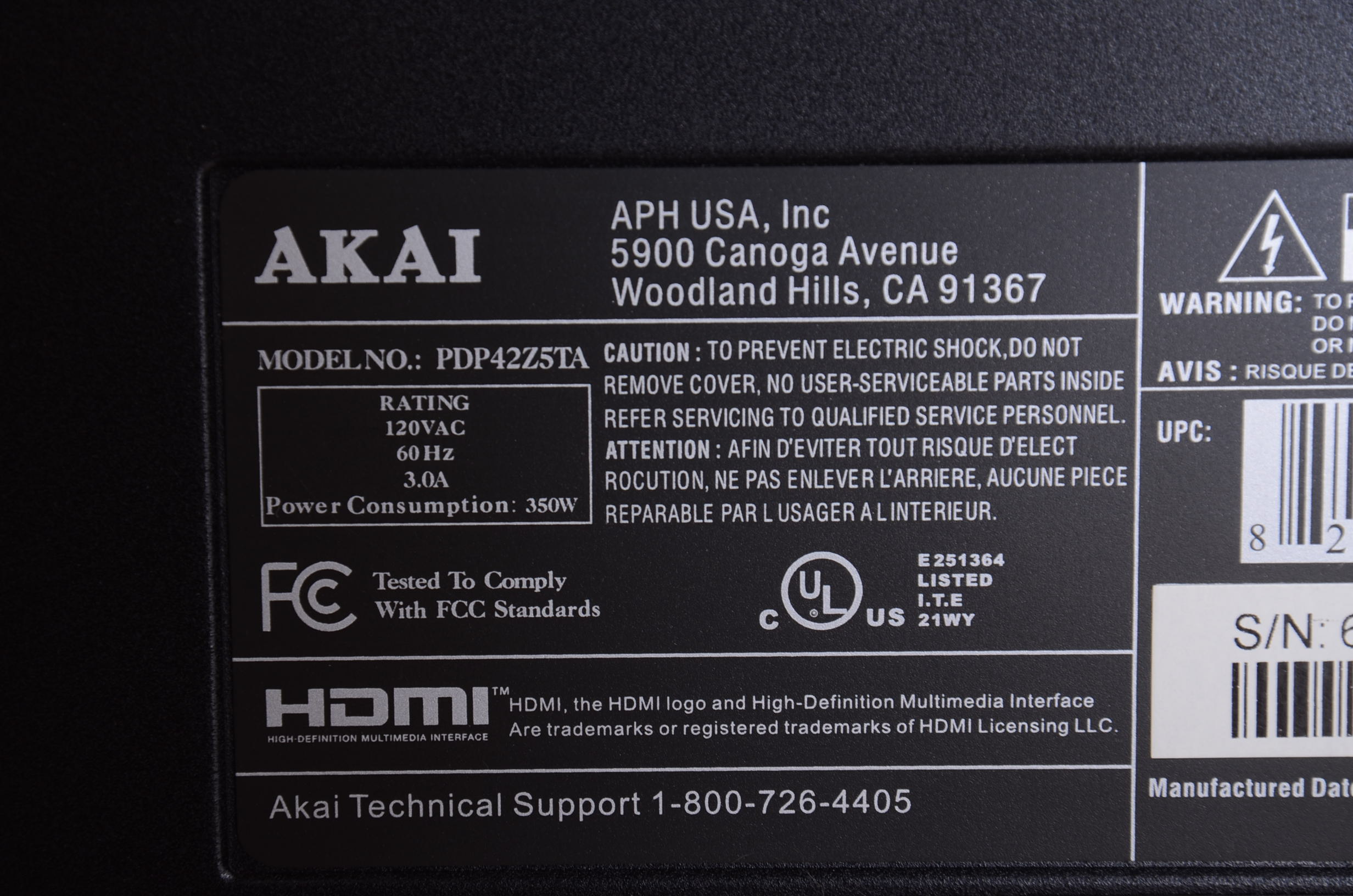 42" Akai Plasma Television