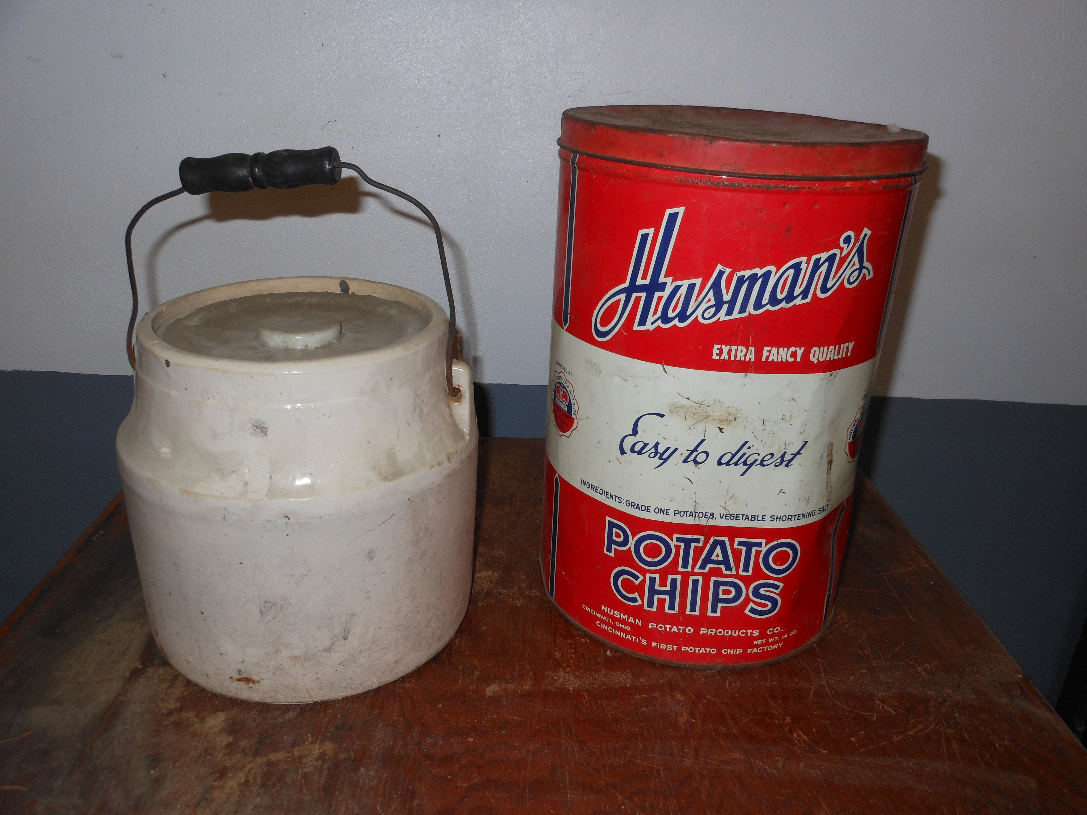 Vintage Husman Potato Chip Can and Old Crock