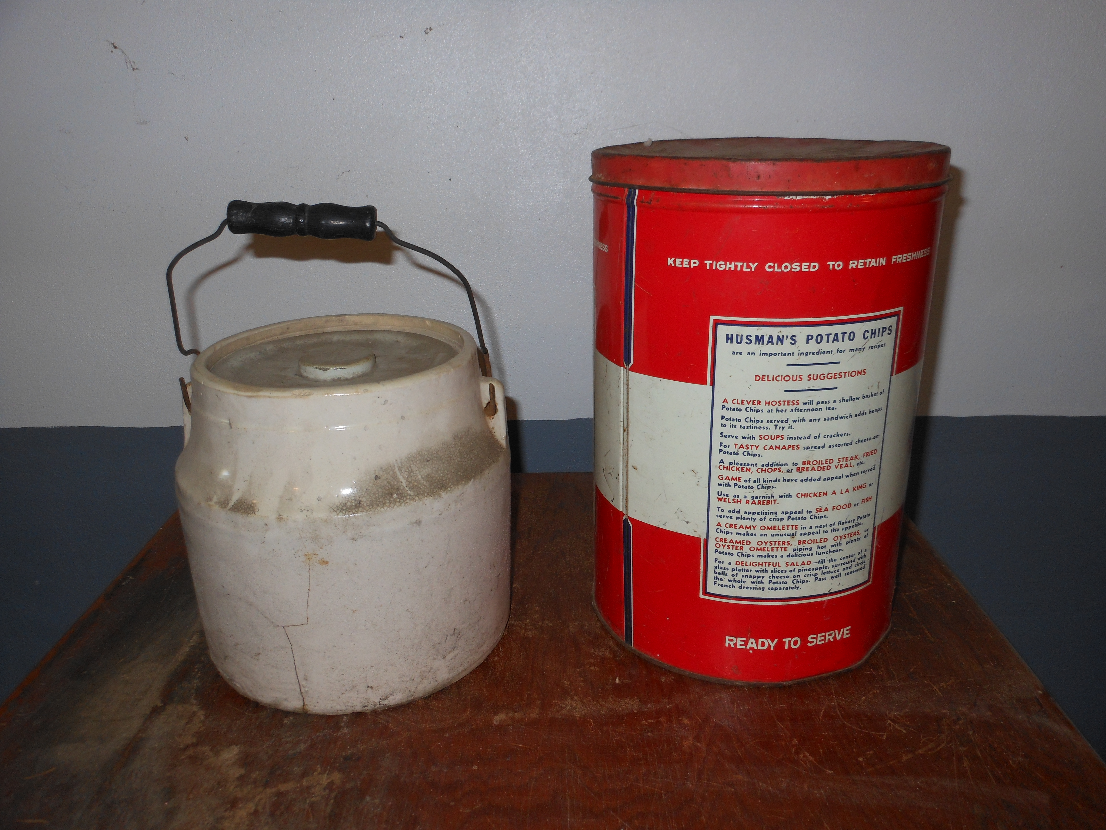 Vintage Husman Potato Chip Can and Old Crock