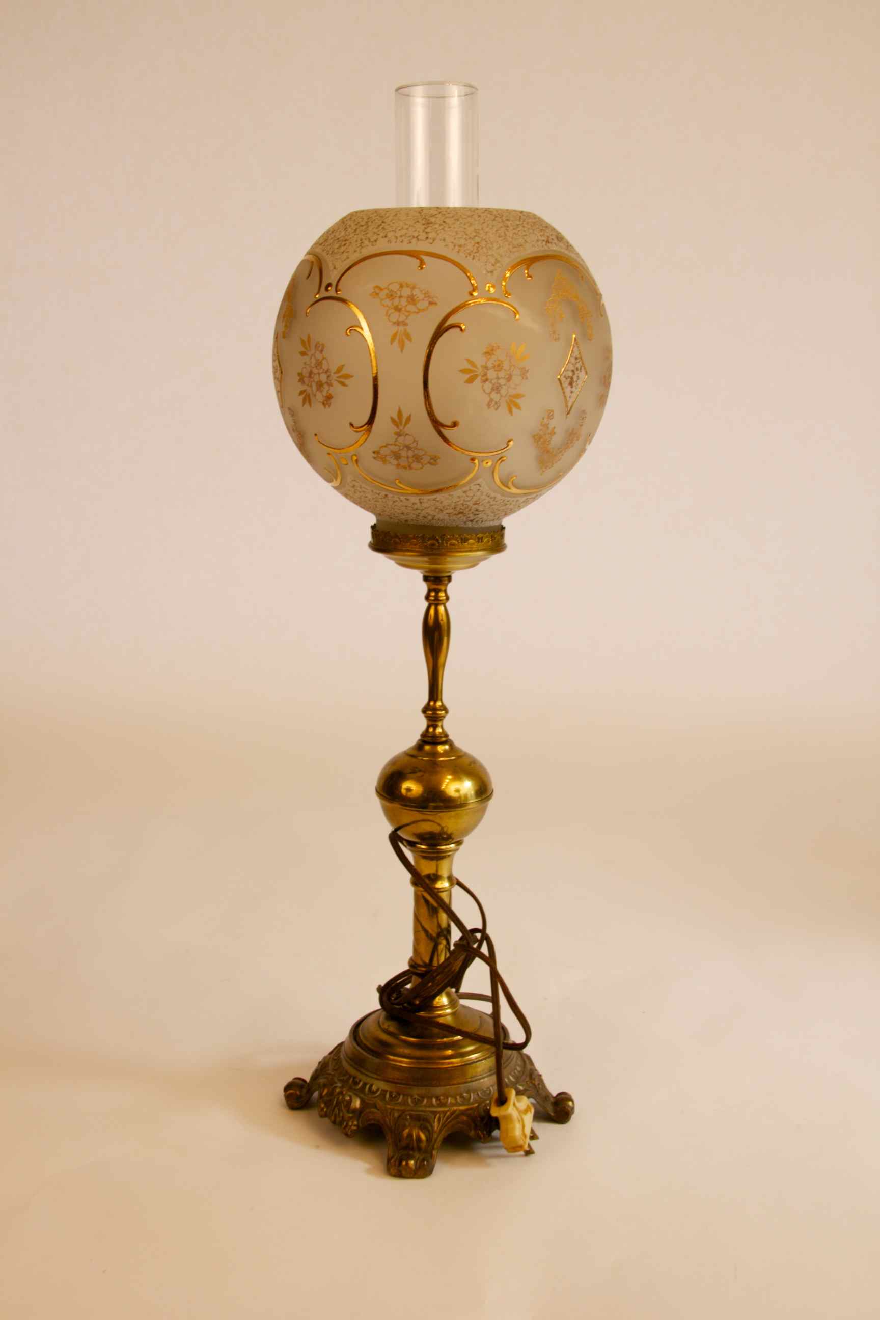 Vintage Tall Brass Electrified Parlor Lamp With Lovely Frosted Globe