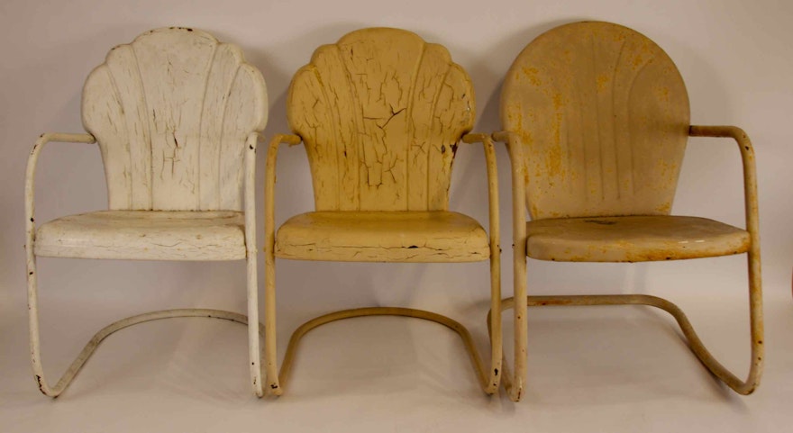 3 Vintage Shell Back Metal Lawn Chairs