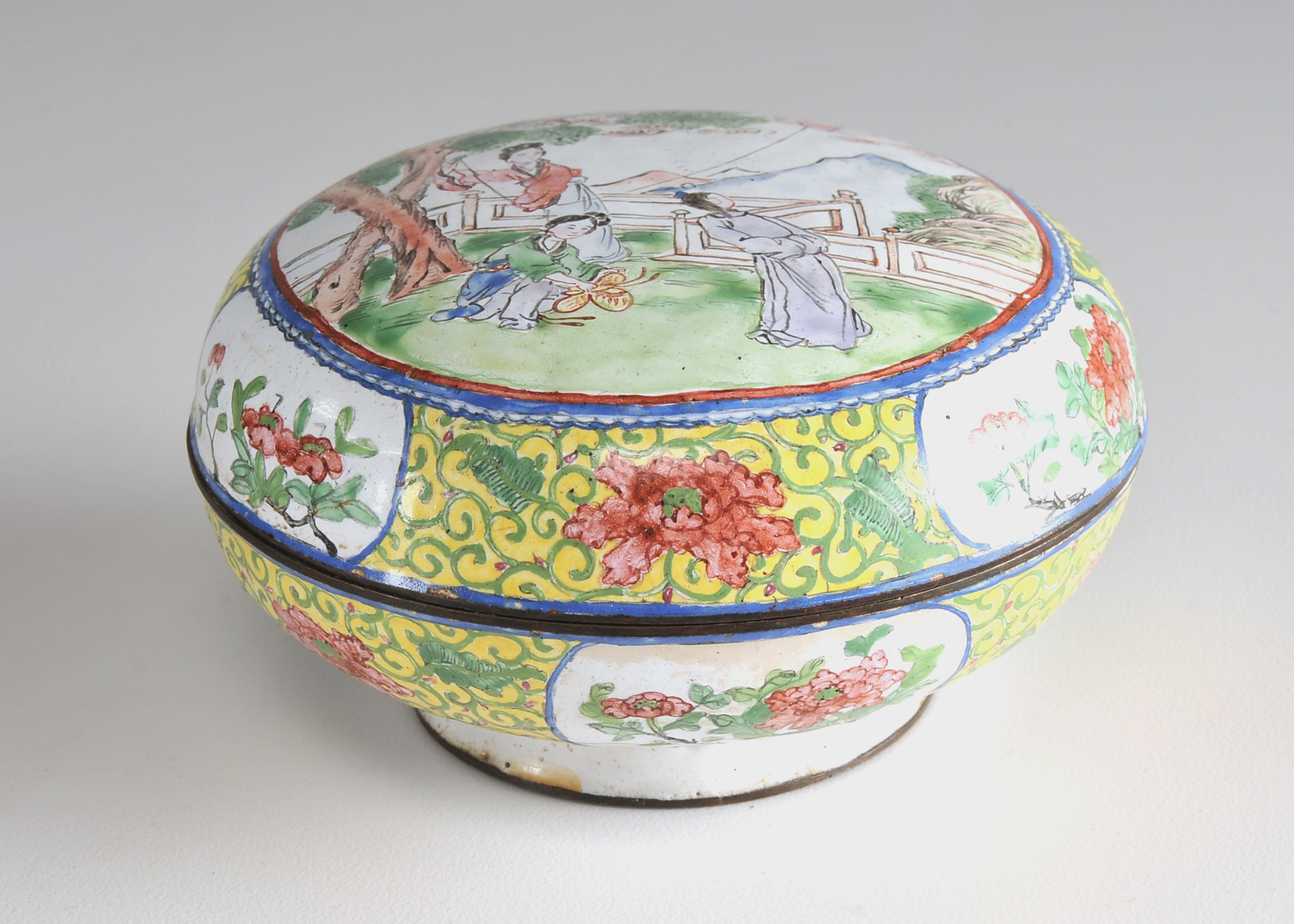 Chinese Hand Decorated Enameled Metalware Lidded Bowl 