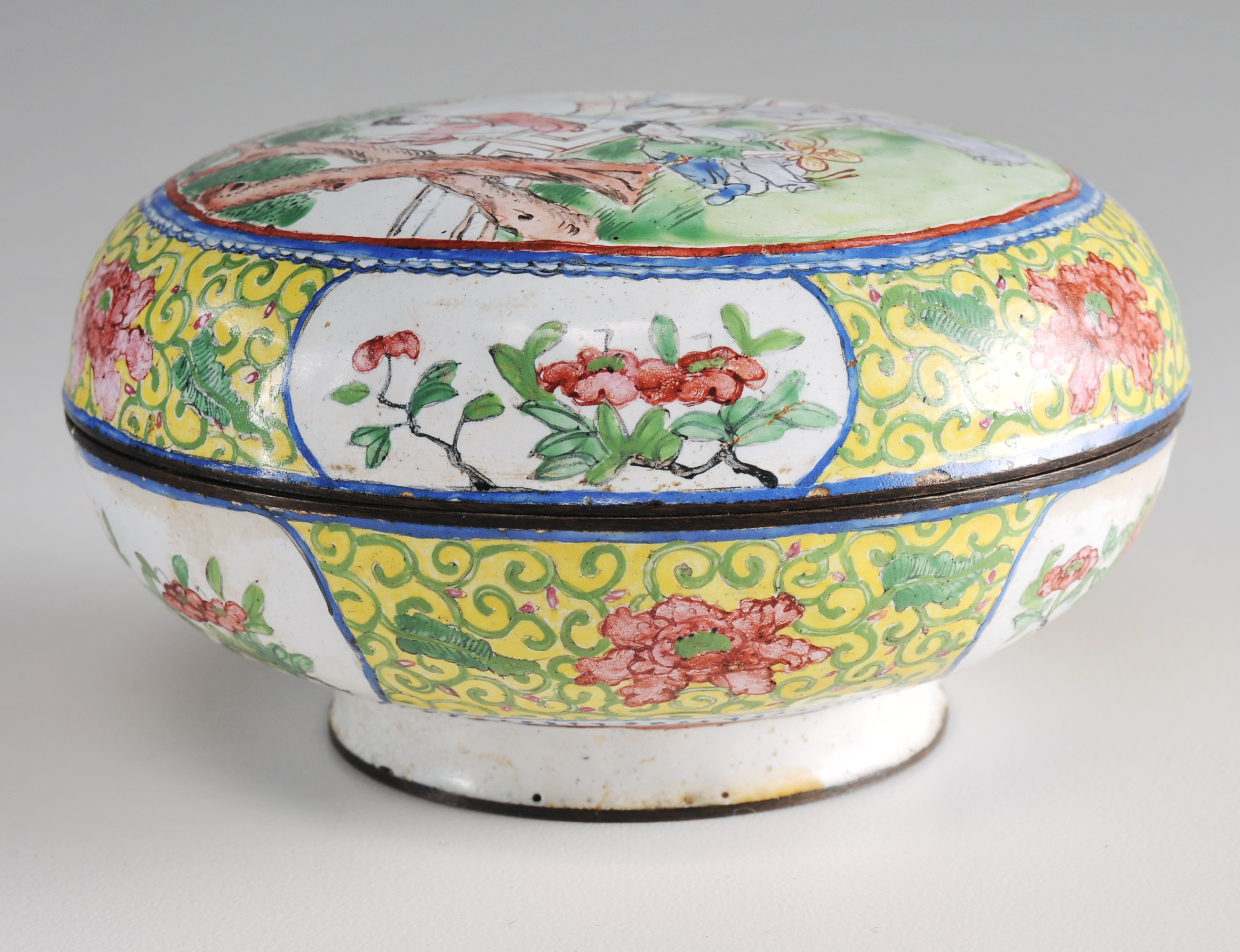 Chinese Hand Decorated Enameled Metalware Lidded Bowl 