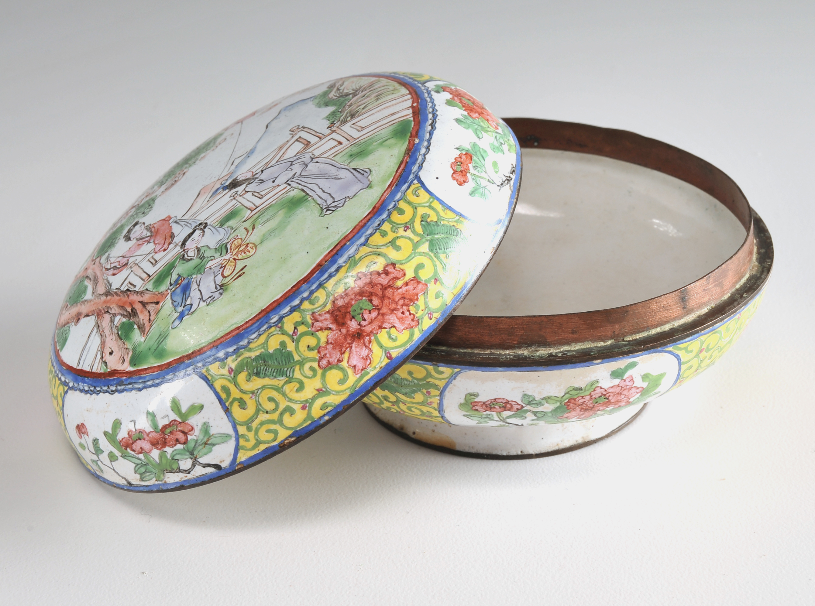 Chinese Hand Decorated Enameled Metalware Lidded Bowl 