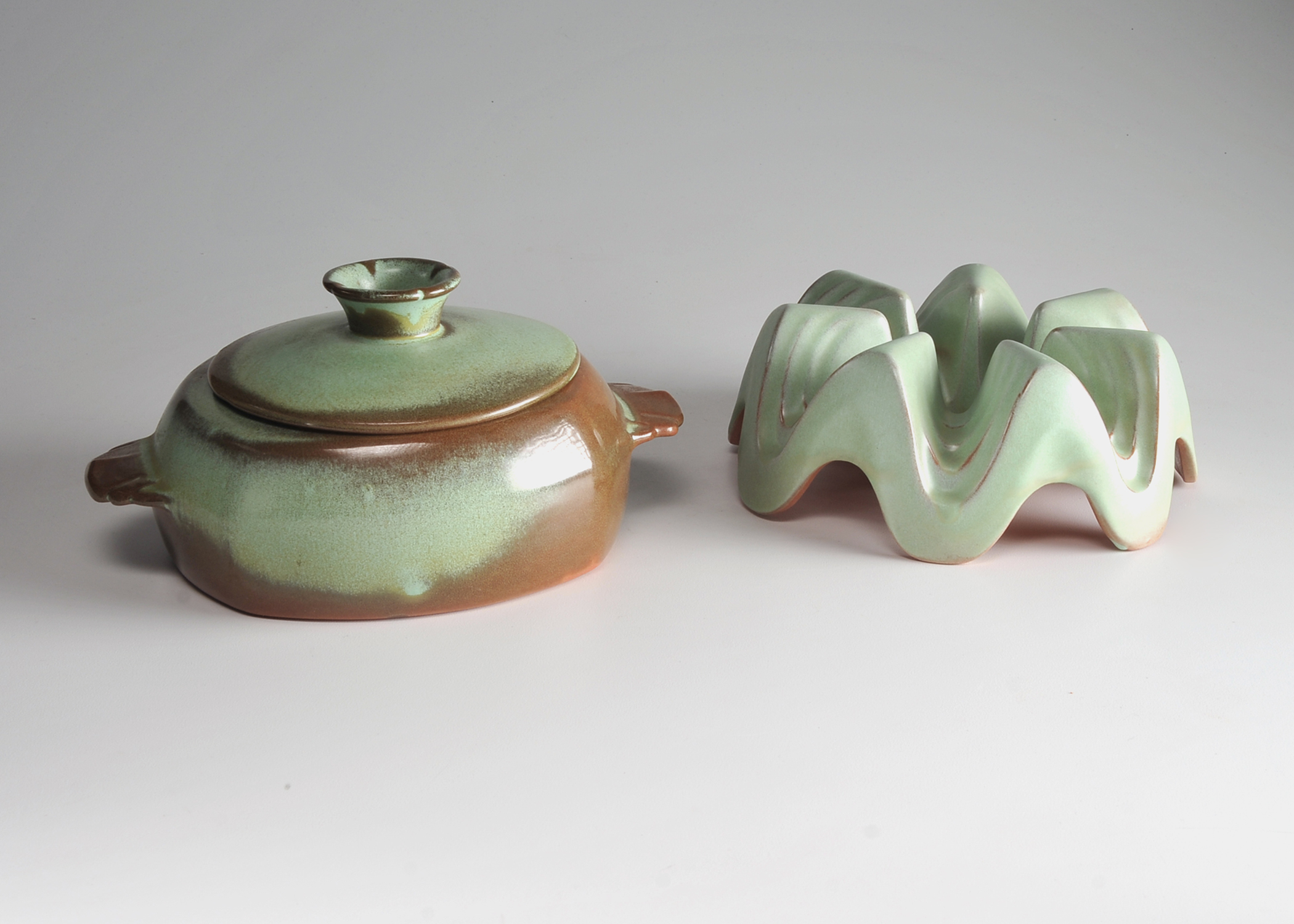 Vintage Frankoma Casserole Bean Pot with Lid and Warmer in Prairie Green