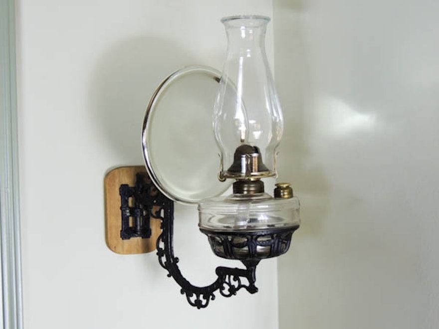 Victorian Cast Iron Wall Mount Oil Lamp Bracket, Mercury Glass Reflector, Lamp