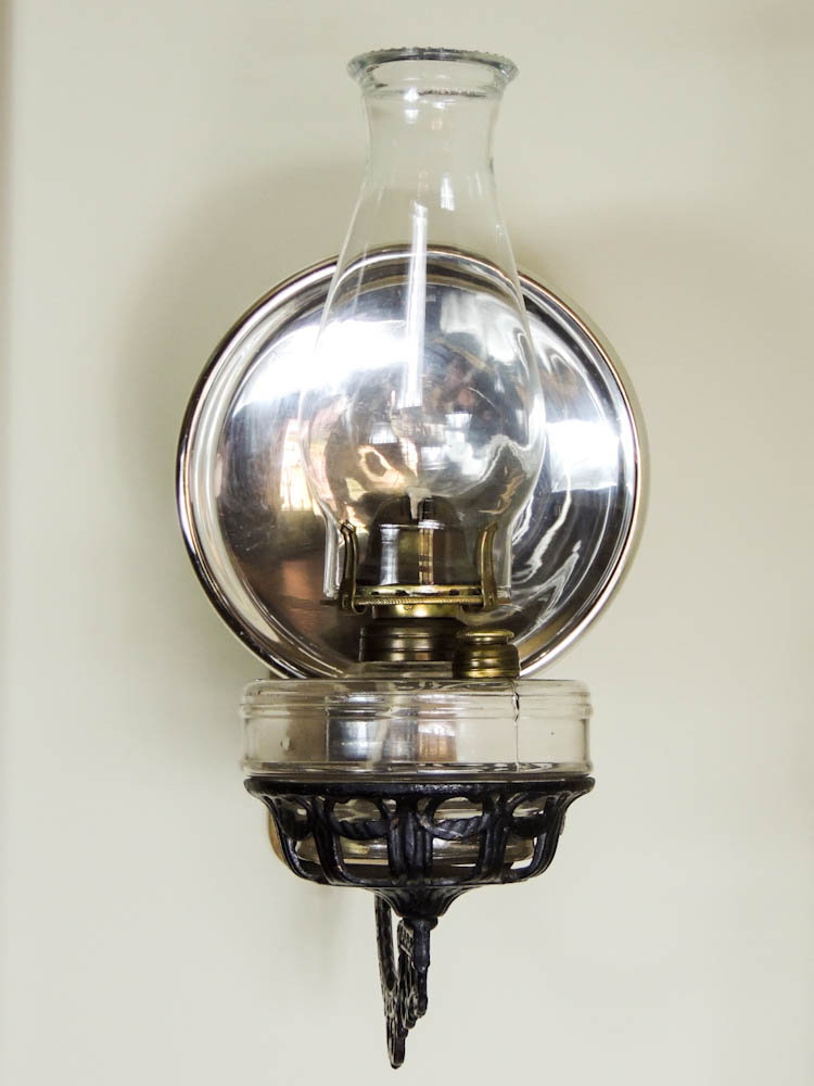 Victorian Cast Iron Wall Mount Oil Lamp Bracket, Mercury Glass Reflector, Lamp