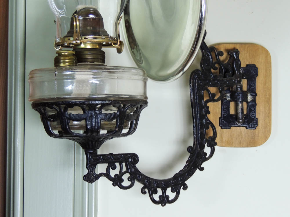 Victorian Cast Iron Wall Mount Oil Lamp Bracket, Mercury Glass Reflector, Lamp