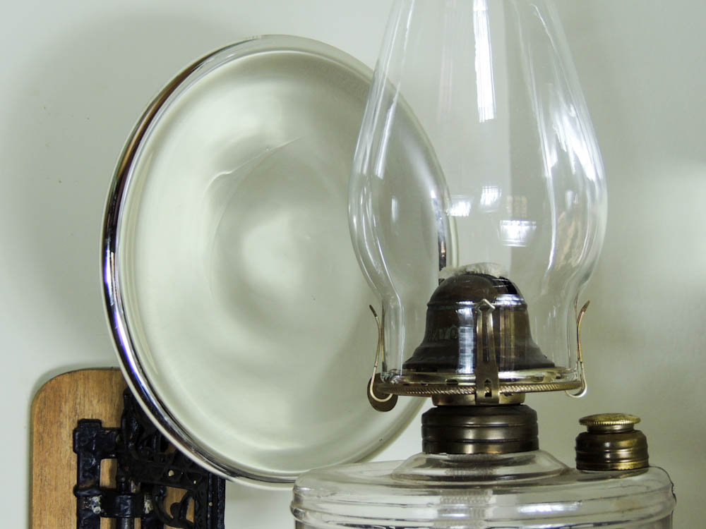 Victorian Cast Iron Wall Mount Oil Lamp Bracket, Mercury Glass Reflector, Lamp