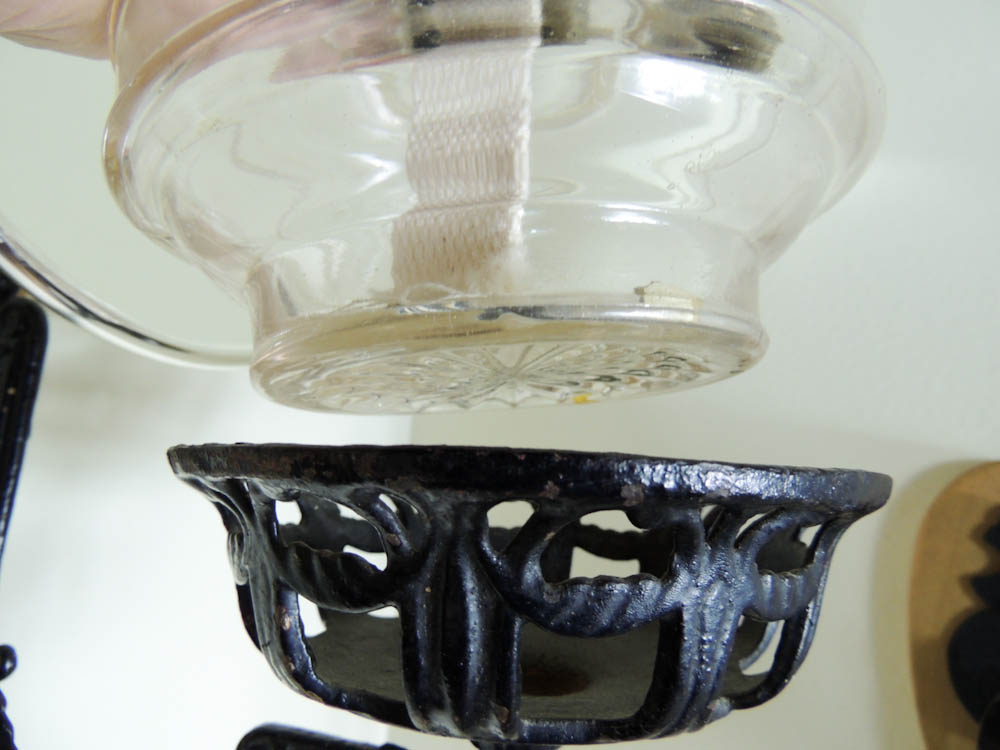 Victorian Cast Iron Wall Mount Oil Lamp Bracket, Mercury Glass Reflector, Lamp