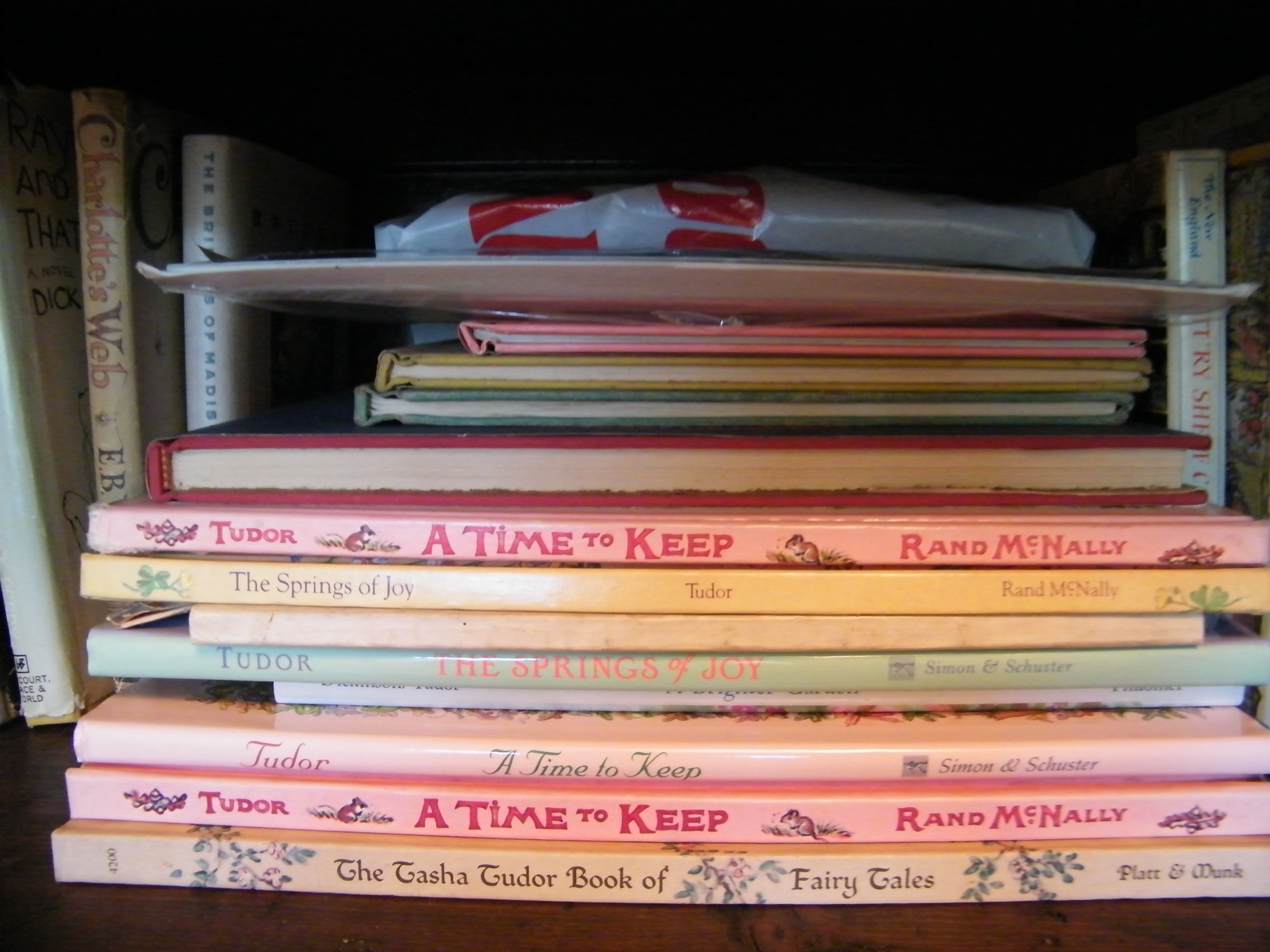 Two Shelves of Vintage, Tasha Tudor, and Modern Books