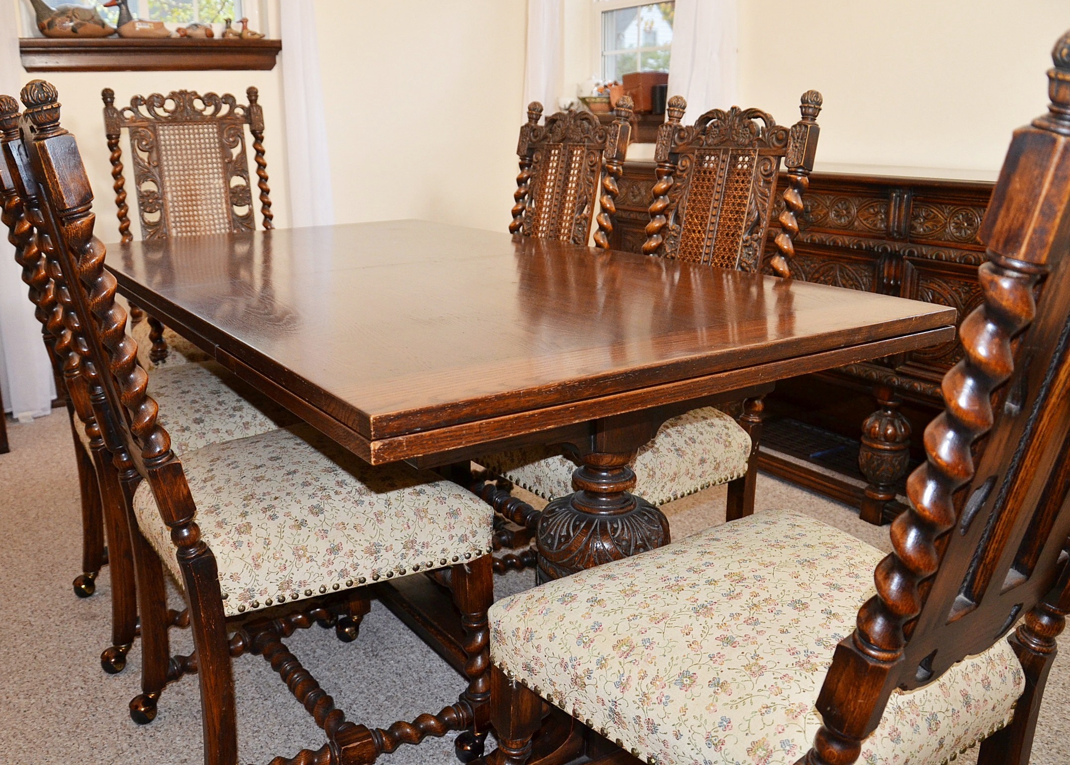 Early 20th Century Jacobean Revival Oak Dining Room Table and Chairs