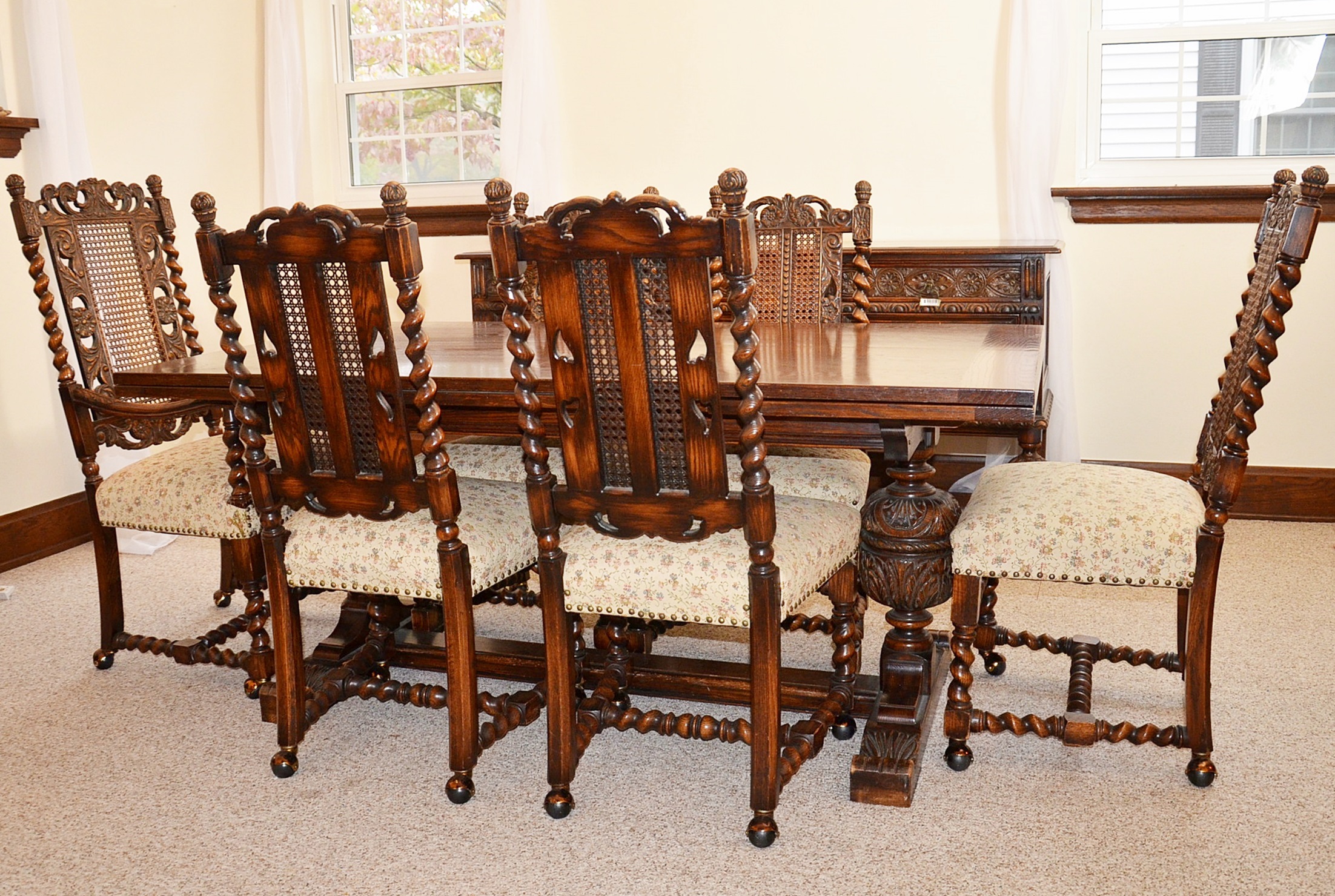 Early 20th Century Jacobean Revival Oak Dining Room Table and Chairs