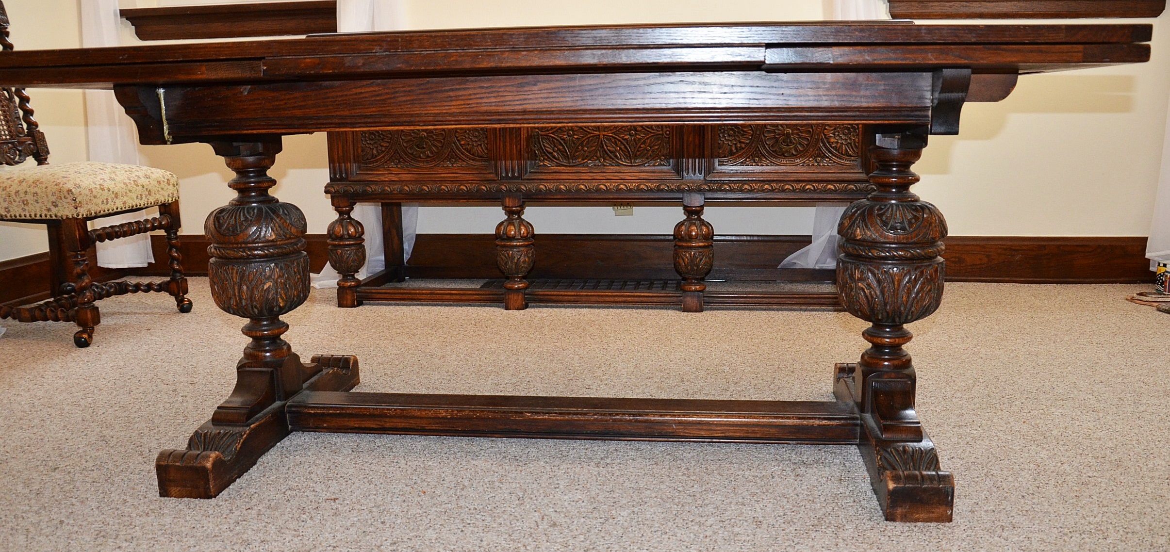 Early 20th Century Jacobean Revival Oak Dining Room Table and Chairs