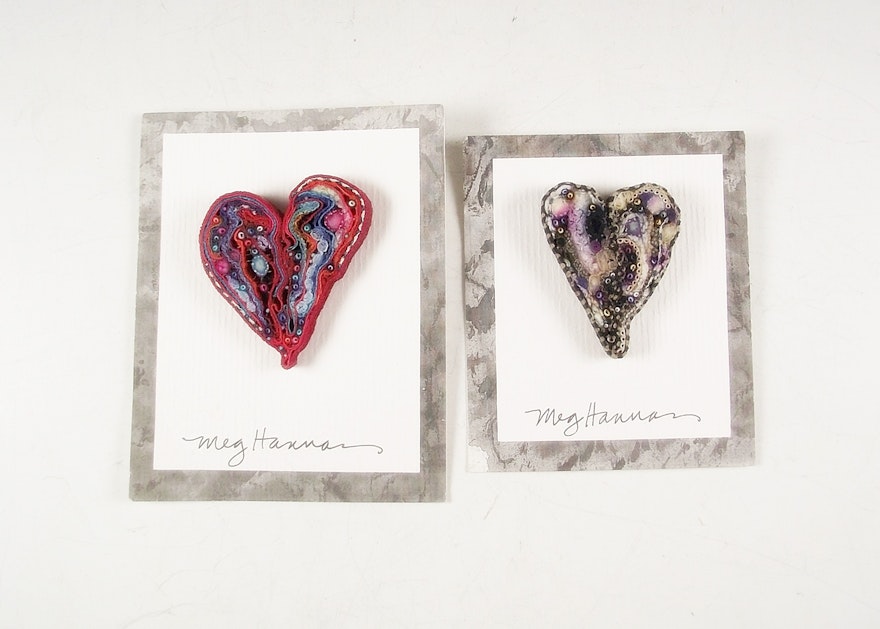 Meg Hannan Hand Made Fiber Millefiori Heart Shaped Brooches