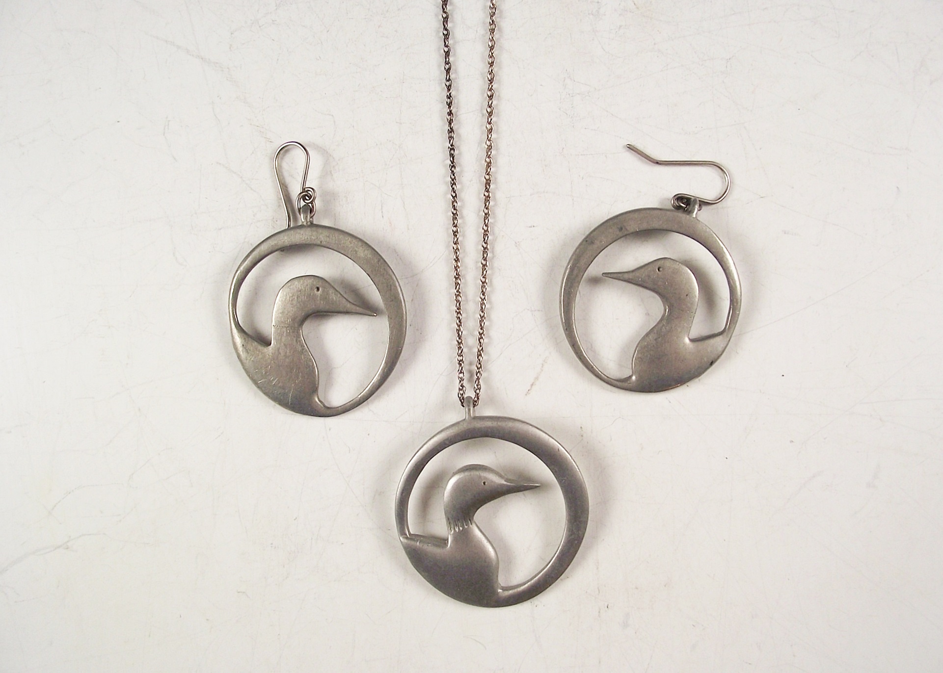 Signed Ken Kantro Pewter Loon Demi Parure 