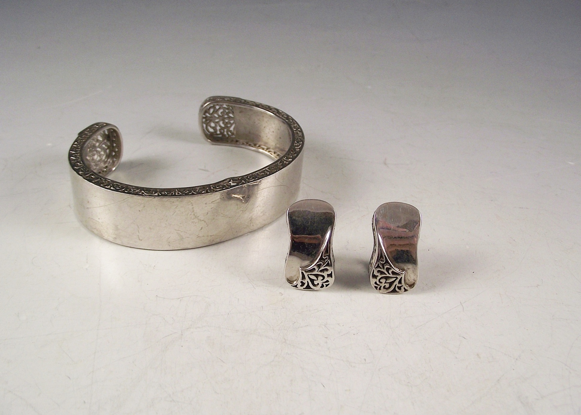Sterling Silver Cuff Bracelet and Earrings with Open Work Accents