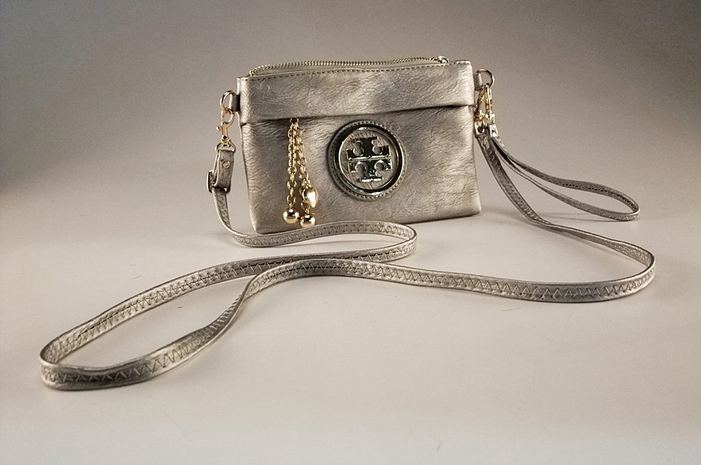Tory Burch Silver Metallic Leather Clutch Shoulder Bag 