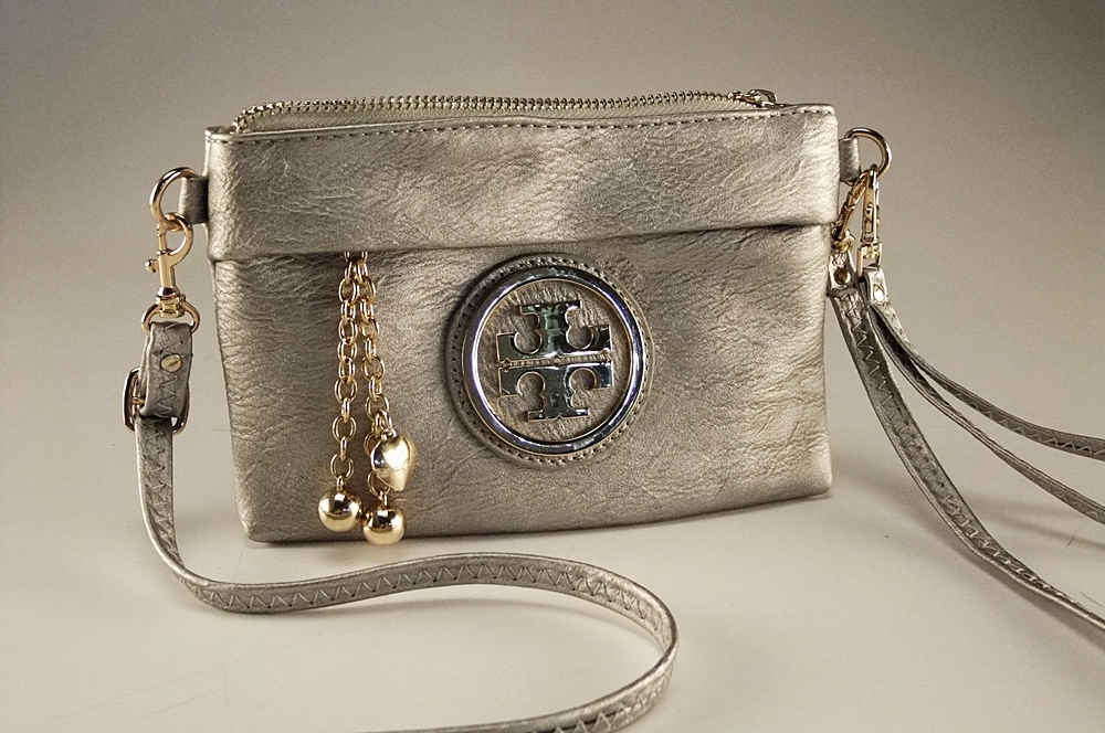 Tory Burch Silver Metallic Leather Clutch Shoulder Bag 