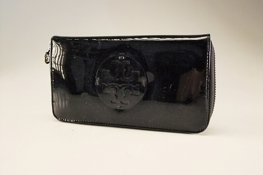 Tory Burch Black Patent Leather Clutch with Cut Out Logo Medallion 