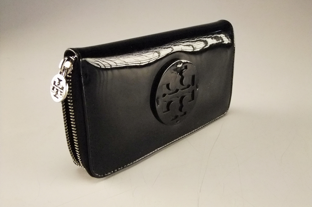 Tory Burch Black Patent Leather Clutch with Cut Out Logo Medallion 