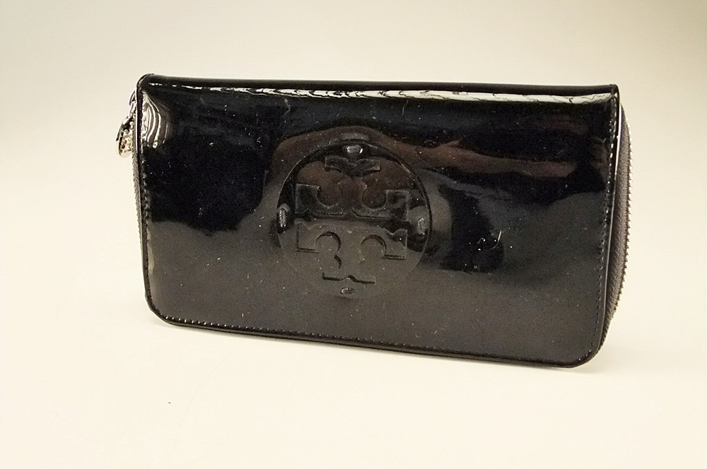 Tory Burch Black Patent Leather Clutch with Cut Out Logo Medallion 