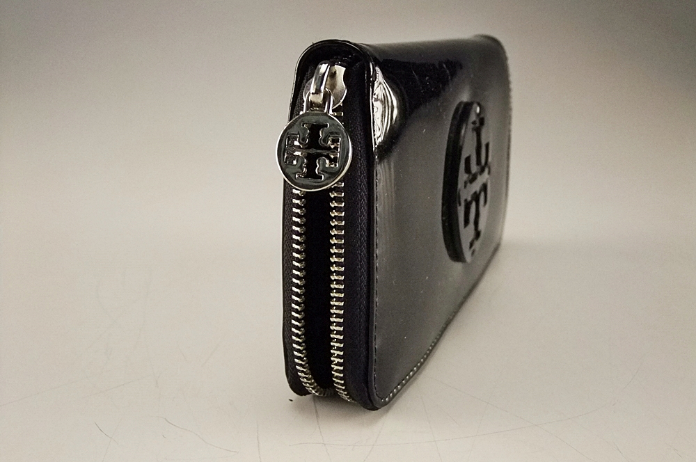 Tory Burch Black Patent Leather Clutch with Cut Out Logo Medallion 