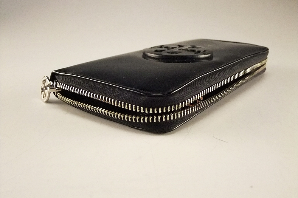 Tory Burch Black Patent Leather Clutch with Cut Out Logo Medallion 