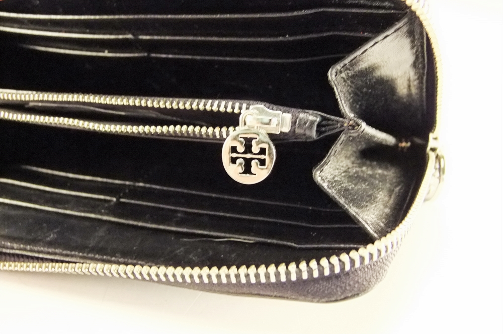 Tory Burch Black Patent Leather Clutch with Cut Out Logo Medallion 