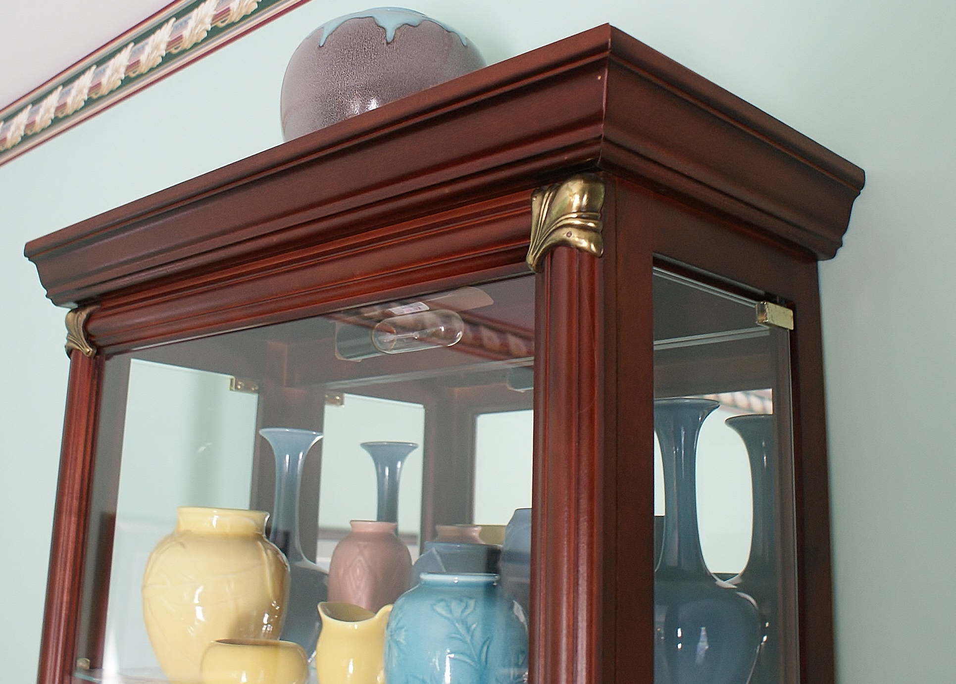 Mahogany Stain Wood & Glass Lighted Display Cabinet