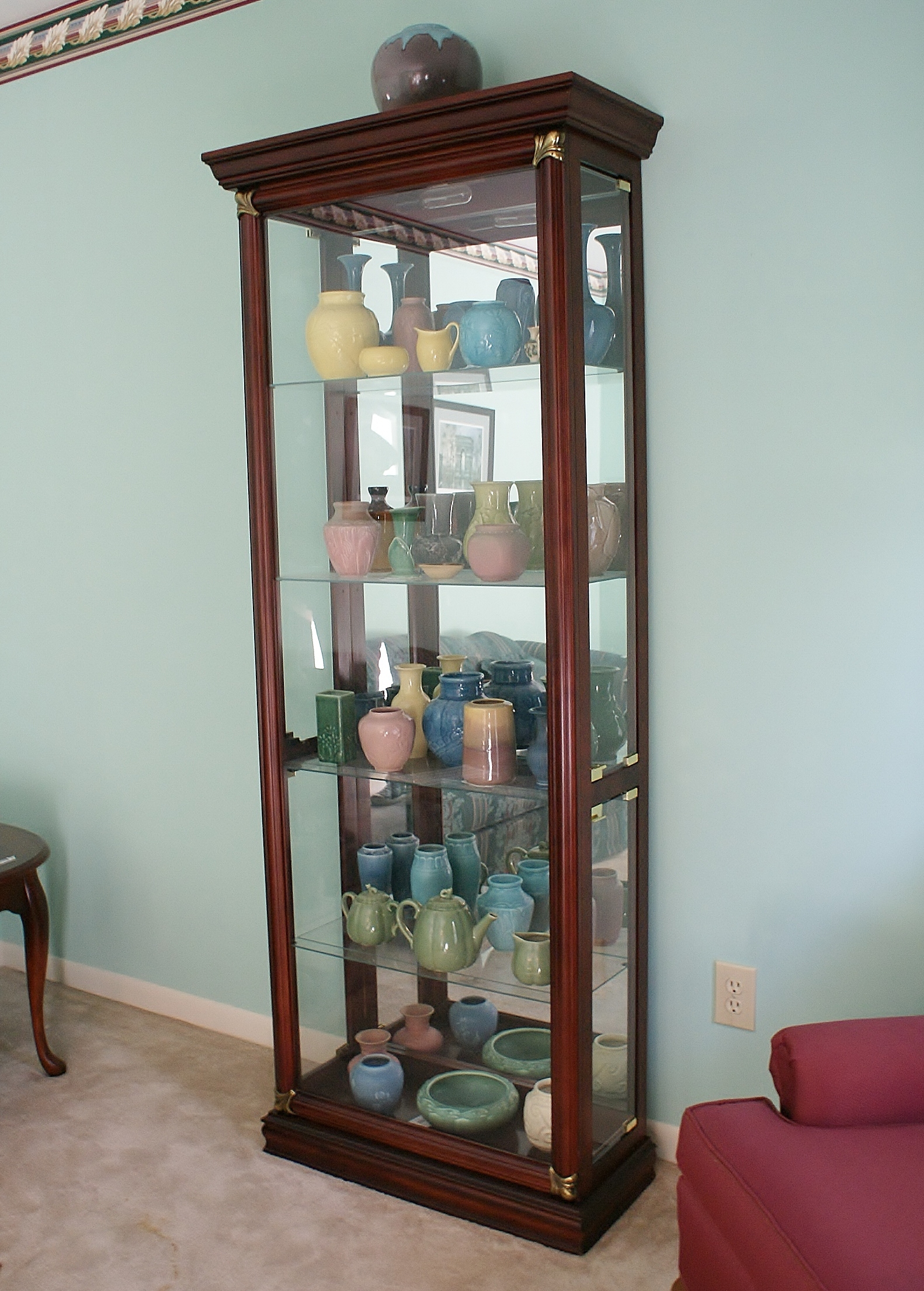 Mahogany Stain Wood & Glass Lighted Display Cabinet