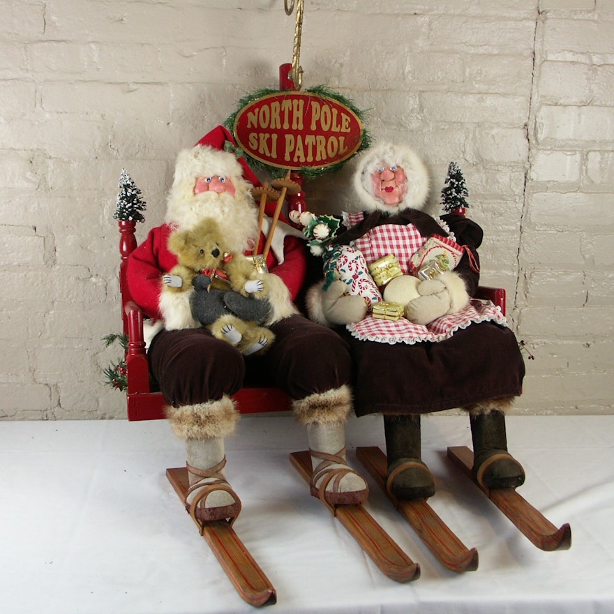 Original Brian Kidwell "The Toymaker" Santa and Mrs. Claus Ski Patrol Sculpture