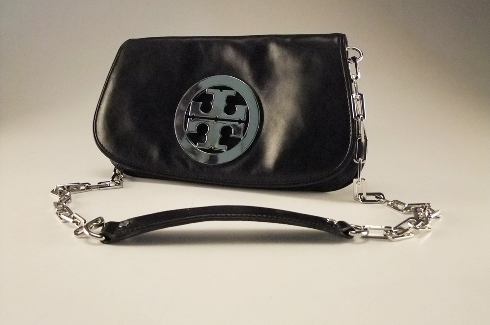 Tory Burch Black Leather Clutch/ Shoulderbag with Silvertone Openwork Logo