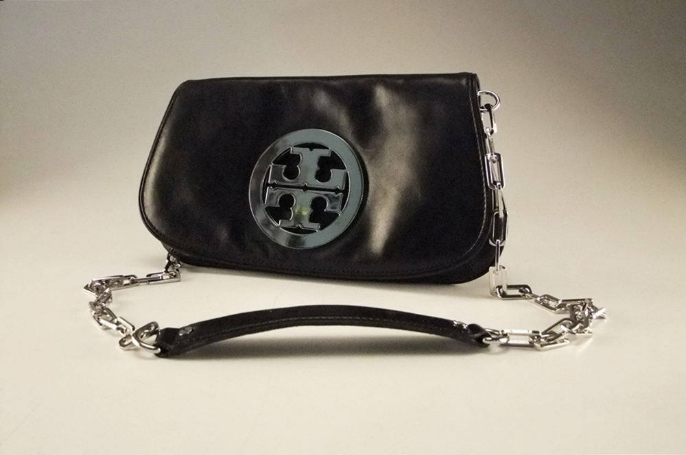 Tory Burch Black Leather Clutch/ Shoulderbag with Silvertone Openwork Logo