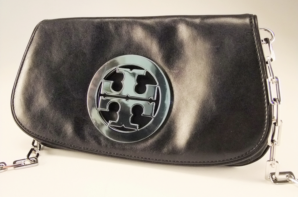 Tory Burch Black Leather Clutch/ Shoulderbag with Silvertone Openwork Logo