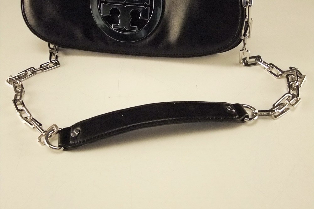 Tory Burch Black Leather Clutch/ Shoulderbag with Silvertone Openwork Logo