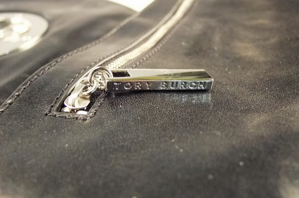 Tory Burch Black Leather Clutch/ Shoulderbag with Silvertone Openwork Logo