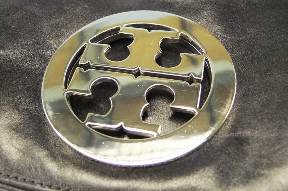 Tory Burch Black Leather Clutch/ Shoulderbag with Silvertone Openwork Logo