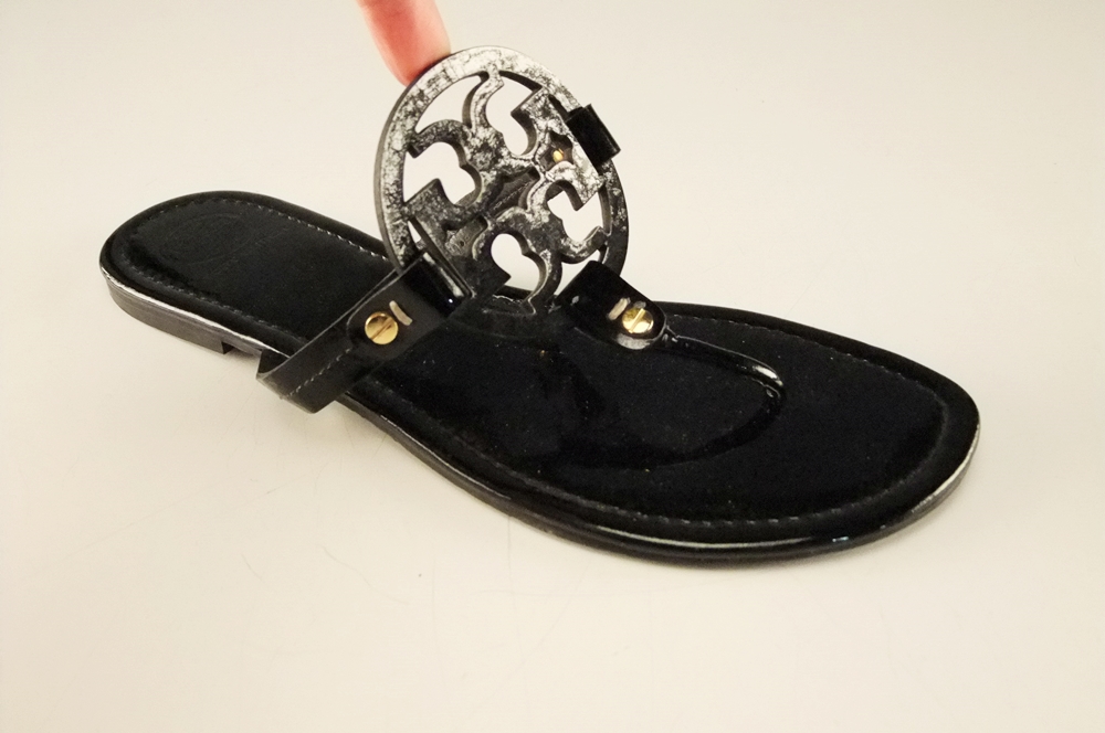 Two Pair of Tory Burch Flip Flop Sandals in Black and Silver with Cut Out Logo