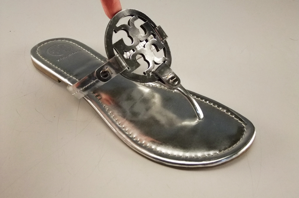 Two Pair of Tory Burch Flip Flop Sandals in Black and Silver with Cut Out Logo